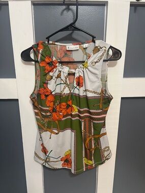New York & company  Olive, White & Orange Floral Keyhole Tank